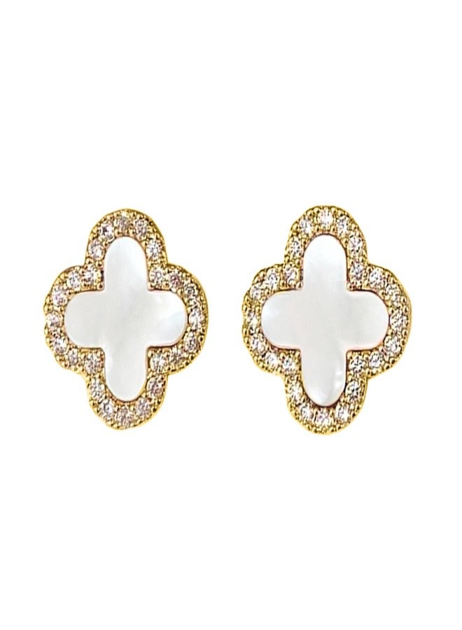 HighSpark Clover Earrings for Women | Hypoallergenic Studded Clover Stud Earrings | Lovely Gift - Studded White - Image 1